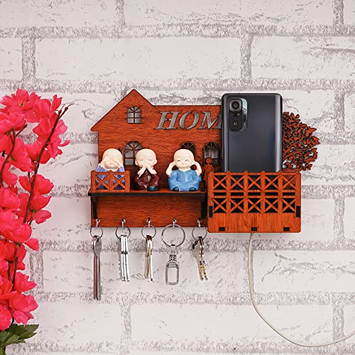 Webelkart Designer Home Multipurpose Wall Shelf/Wall Mount Key Holder with Mobile Charging Stand Wooden Key Holder for Home and Office Decor (11.75 Inches, 5 Hooks)