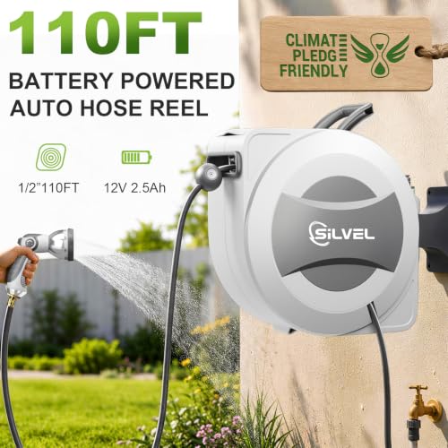 Image of Silvel Automatic Retractable Garden Hose Reel, 1 /2 inch x 110ft Wall Mount, 12V 2.5Ah Battery Powered & Button-type Length Control,Heavy Duty Hose Reel with 10 Pattern Nozzle, Upgraded UV Resistant