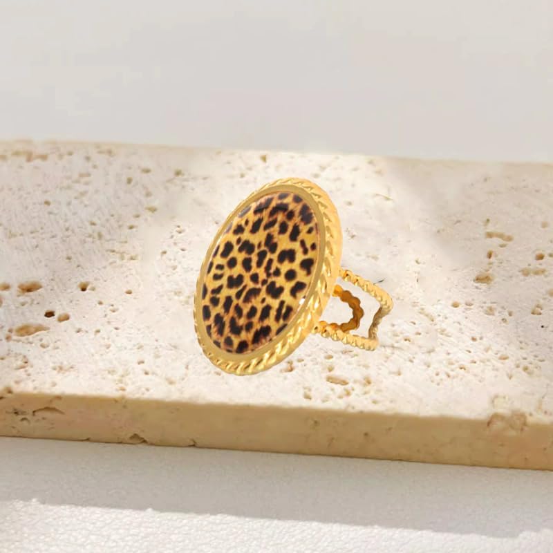 Vintage Round Coin Disic Leopard Print Ring for Women Trendy Geometry Adjustable Ring Unique Open Band Stainless Steel Gold-Tone Plated Comfort Fit Costume Jewelry Cocktail Party Prom Accessories - Image 6