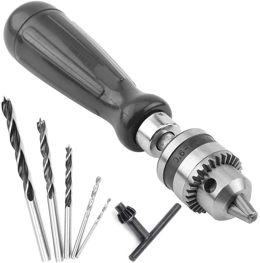 Hand Drill Bits Set 7 in 1 Manual Tool Pin Vises with Chuck Key & 5pcs Twist Drill Bits for Wood, Jewelry, Delicate Manual Work, Electronic Assembling and Model Making, DIY Drilling