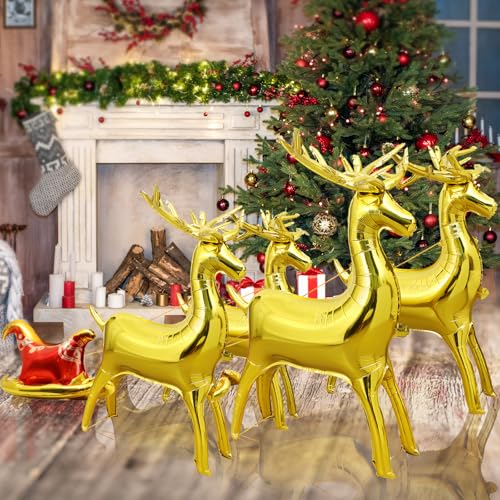 SilverChry Reindeer Balloon, Gold & Red, 5pcs, Foil, Standing, Christmas, Unisex-Kids