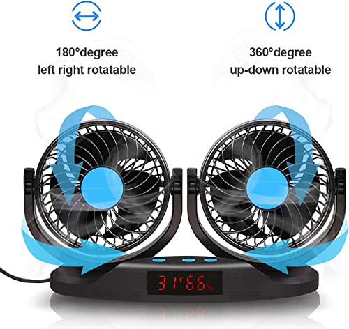 Excoup Car Fan 12V Vehicle Fan With 12 Speeds, 5 Inch Truck Air Fan Electrial Car Fans Led Display With Temperature & Humidity Dual Head 360 Degree Rotatable #TOP4