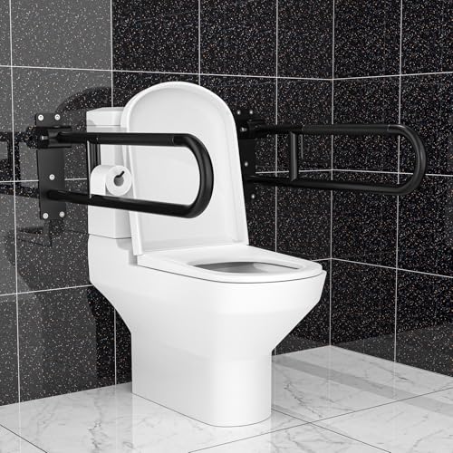 Image of Toilet Grab Bar 30.3 Inch Black, Munzong Anti-Slip Handicap Grab Bars with Paper Holder, Flip-Up Bathroom Safety Rails, Stainless Steel Knurled Support handrails for Seniors Elderly Disabled Pregnant