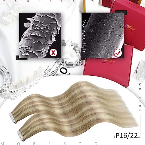 Moresoo Tape in Hair Extensions Human Hair Dark Honey Blonde with Medium Blonde Highlight Tape in Hair Extensions Real Remy 12 Inch 20 Pieces/30g #16/22 - Image 2