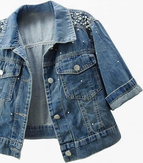 LifeShe Women's Pearls Denim Jacket 3/4 Sleeve Cropped Rhinestones Jean Jackets Trucker Coat3