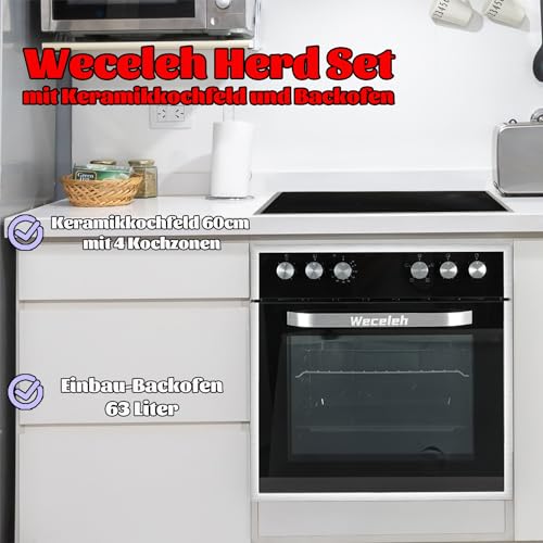 Weceleh Herd mit Keramikkochfeld & Backofen, Einbauherd Herdsets, Einbauherd Elektroherd, Backofen mit Herdplatte, Edelstahlrahmen, 60 cm, 63 Liter