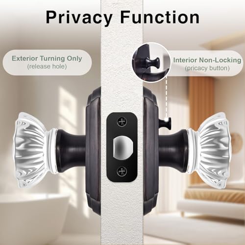 Crystal Door Knobs, Oil Rubbed Bronze Glass Door Knobs Interior Rose Shape with Lock Privacy Function, Vintage Antique for Bedroom Bathroom