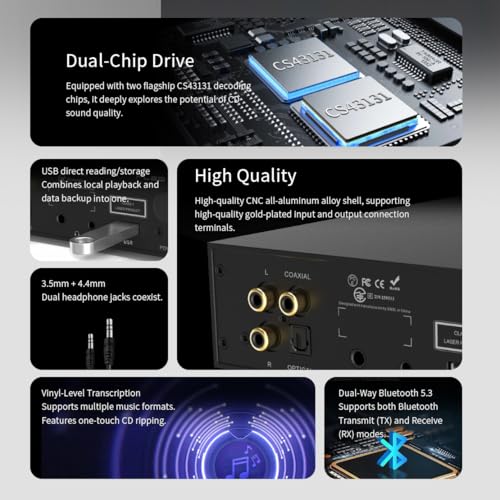 Image of SMSL PL20 HiFi CD Player for Home, CD Ripper, Bluetooth Car CD Players, 2*CS43131 Chip, USB Drive /Bluetooth Input RCA /BT /3.5mm /4.4mm Balanced /Optical /Coaxial Digital Output, Black