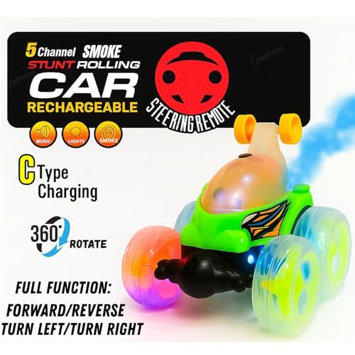 Image of GRAPHENE Smoke Monster Truck RC Stunt Rolling Transforming Car Toy for Kids Boys 7-14 Years LED Lights Music 360 Rotation Rock Climbing Remote Control Vehicle Transparent Wheels Toy