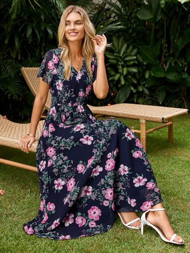 Image of Simplee Womens Floral Maxi Dress - Short Sleeve Summer Boho Wedding Guest Dress Empire Waist Chiffon Modest Midi Dresses