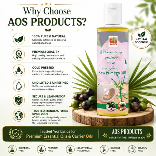 Image of AOS Products Saw Palmetto Oil 200ml | 100% Pure & Natural | Undiluted Carrier Oil | Cold Pressed | Multipurpose Oil for Hair, Skin & Massage | Premium Quality