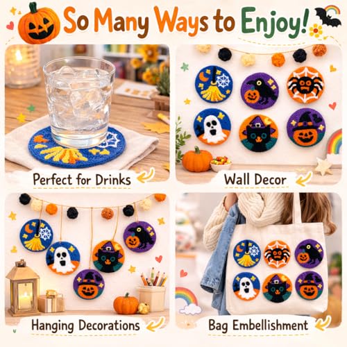 Image of Halloween Punch Needl Kit for Adults Beginners, Easy Embroidery Punch Coaster Starter Set with Instruction - Fun Needle Point Craft for Table Decor & Festival DIY Gifts (6pcs Spooky)