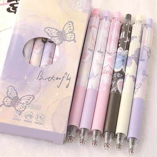 MOZXIRZ 6 Pcs Gel Ink Pens Retractable Pens Cute Pen 0.5mm Black Ink Pen Writing Pens Office School Supplies for Girls Boys Women Men (Butterfly)