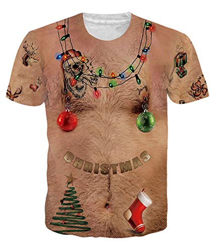 uideazone Men Women Printed Ugly Christmas Chest Hair T Shirt Funny X-mas Party