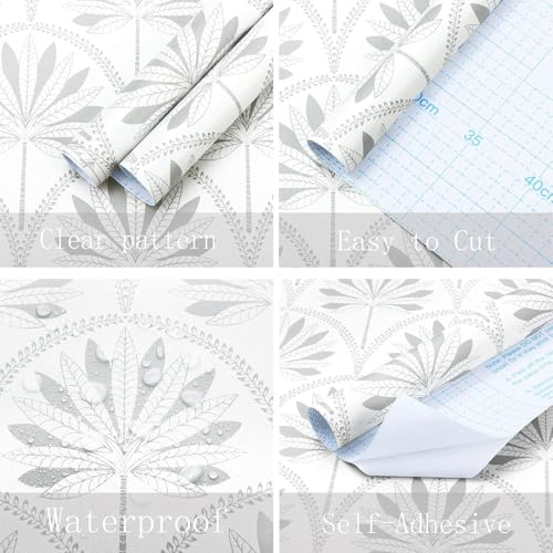 Image of Veki Luxury Floral & Botanical Geometric Wallpaper Mural - Waterproof, Moisture-Proof, Self-Adhesive PVC Wall Sticker for Home & Hotel Decoration (45cm x 300cm) (White Silver Leaf)