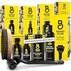 Beard Club Advanced Beard Growth Kit – Derma Roller, Growth Oil, Vitamins and Vitamin Spray, Shampoo and Boar Bristle Brush – Gift Set – Cedar