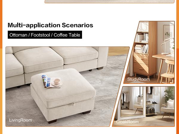 Image of TEKAMON 27.5 inch Storage Ottoman, Square Footrest with Sponge Padded Seat, Chenille Fabric Step Stool for Sofa, Bedroom, Living Room, Entryway, Modern Change Shoes Stool, Wood Legs, (Beige)