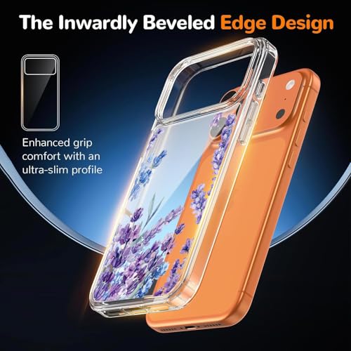 Image of Elzzi Floral Case for iPhone 17 Pro Max, Lavender Flower Clear Phone Case for Women Girls, Cute Aesthetic Purple Botanical Transparent Shockproof Protective Slim Cover (Deep with Leaf)