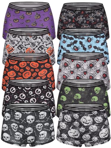 Morvia 10 Pack Variety of Gothic Print Boyshorts Underwear, High Waist Elastic Band, Assorted Halloween Skull Spooky Patterns2