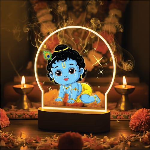 Image of Giftplease Cute Baby Krishna Color-Printed LED Lamp - Ladoo Gopal Night Light with Warm Yellow Glow | Spiritual Home Decor, Mandir Light & Gift for Janmashtami, Kids' Room & Housewarming GL 19