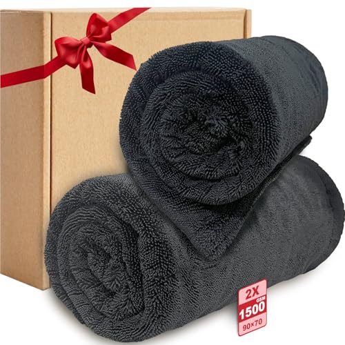 Ghguole 2pcs 90x70cm Serviette de Séchage pour Voiture,1500GSM Chiffon de Séchage pour Voiture,Super Absorbant Microfibre Sechage Voitures,Non Pelucheux,Sechage Rapide,sans Traces pour Auto Vitre