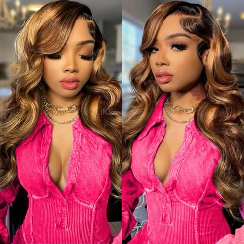 ALSZIQIHR 26 inch Highlight Ombre 13x6 Body Wave HD Transparent Lace Front Wigs Human Hair Honey Blonde Body Wave Lace Frontal Wigs Pre Plucked with Baby Hair For Black Women 180% Density