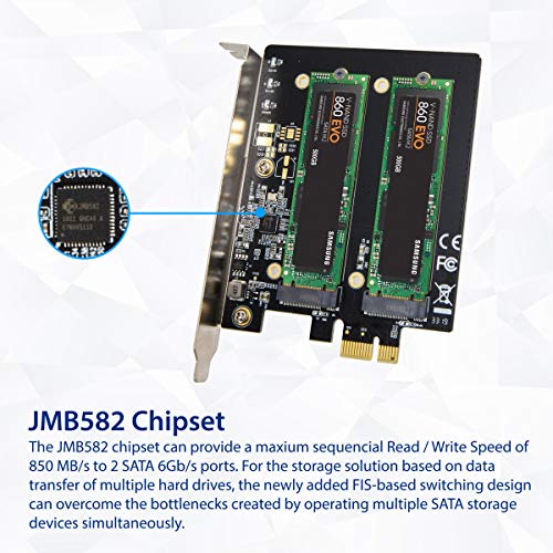 Image of IO CREST Dual M.2 B-Key SATA SSD Converter PCI Express 3.0 x1 Expansion Card Heat Sink Jmicron JMB582 Chipset SI-PEX40153