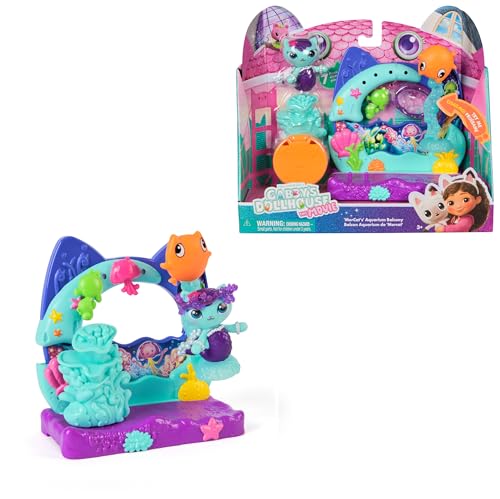 DREAMWORKS GABBY'S DOLLHOUSE: DER FILM - Balkon-Spielset "Merkätzchens Aquarium", 7-teiliges Set mit Katzenfigur und Puppenhaus Zubehörteilen, für Kinder ab 3 Jahren