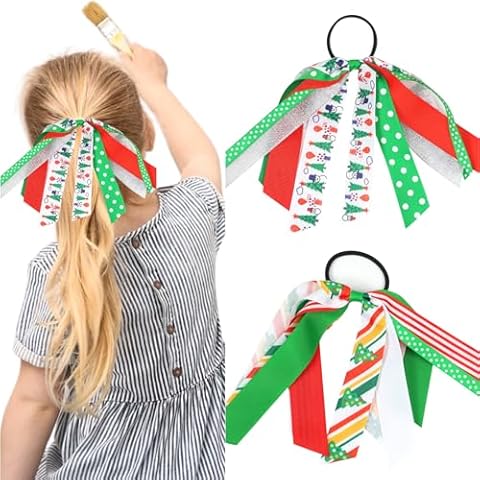 2PCS Christmas Hair Ties for Women Girl Glitter Christmas Trees Ribbon Ponytail Holders Hair Accessories Red White Green Ribbon Elastic Hair Bands Ropes for Xmas Holiday Party(Style A) Cover