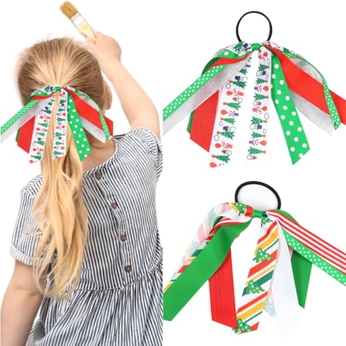 2PCS Christmas Hair Ties for Women Girl Glitter Christmas Trees Ribbon Ponytail Holders Hair Accessories Red White Green Ribbon Elastic Hair Bands Ropes for Xmas Holiday Party(Style A)