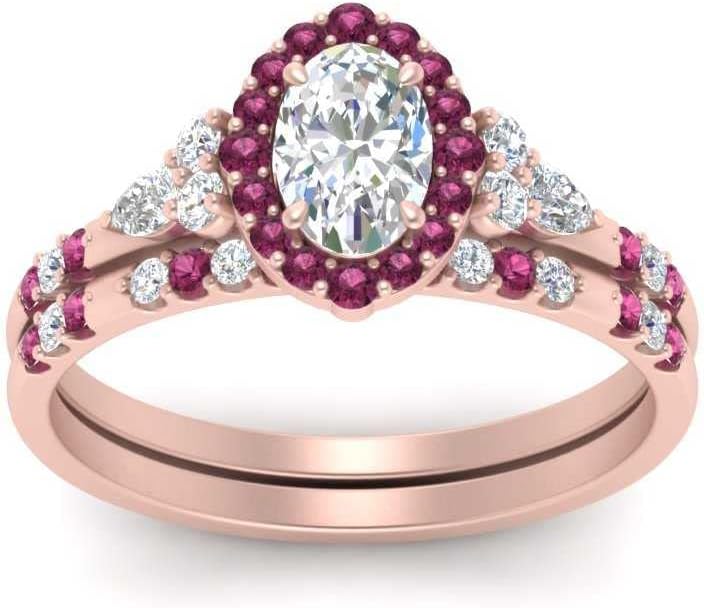 Choose Your Gemstone Halo Edwardian Wedding Ring and Band Rose Gold Plated Oval Shape Wedding Ring Sets Ornaments Surprise for Wife Symbol of Love Clarity Comfortable US Size 4 to 12