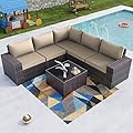Kullavik Outdoor Patio Furniture Set 6 Pieces Sectional Rattan Sofa Set Brown PE Rattan Wicker Patio Conversation Set with 5 Sand Seat Cushions and 1 Tempered Glass Table