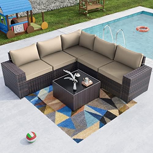 Kullavik Outdoor Patio Furniture Set 6 Pieces Sectional Rattan Sofa Set Brown PE Rattan Wicker Patio Conversation Set with 5 Sand Seat Cushions and 1 Tempered Glass Table