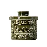 Ceramic Butter Crock with Lid, Green, Water-Sealed Design, 5.41 oz Capacity, 4.52x4.21 Inches, Wheat Pattern