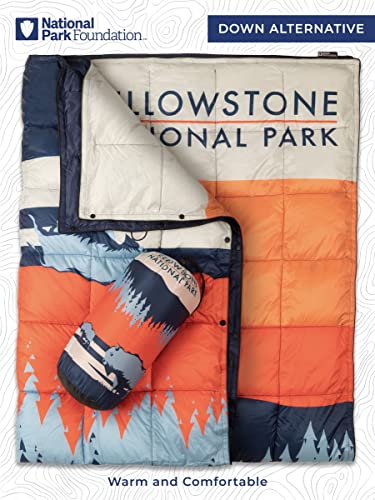 National Park Foundation Puffy Camping Blanket For Outdoors, Beach, Hammock, Sport Festivals, 650 Down Alternative Fill Power Water Element Resistant Reversible Snap Up Quilt (Yellowstone) #TOP1