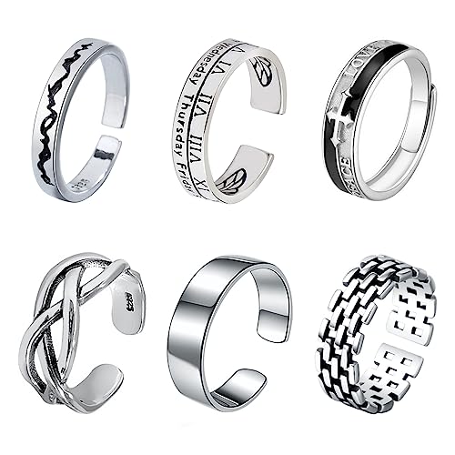 [Vigetto] 6点セット 指輪 メンズ リング アクセサリー 金属銀メッキリング ズシルバー ユニセックス おしゃれ シンプル 調節可能 人気 セットの商品画像（Amazon）