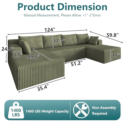 Image of 124 inch U-Shape Cloud Couch, Modern Modular Sectional U-Shape Sofa, Corduroy Boneless Couch Upholstered Couches Deep Seat Sleeper Chaise Longue for Living Room, No Assembly Required,Green