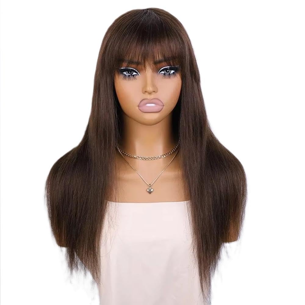 Haarpflege Schokoladenbraune Lange Gerade Perücke Mit Fransen 100% Echthaar | 18inches