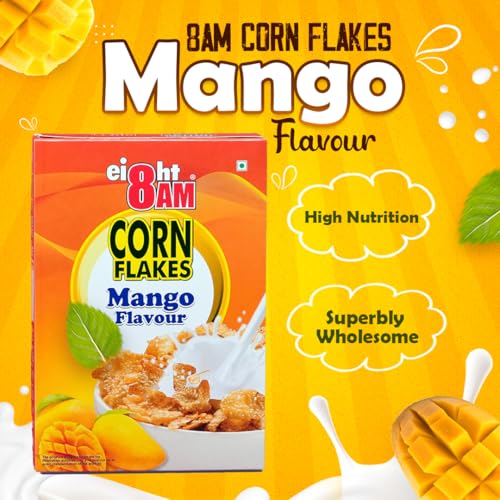 Image of 8AM Corn Flakes Mango 300 Gram (Pack Of 3), Golden Corns & Mango, No Cholesterol, Trans Fat, Artificial Additives, Iron & Calcium, Crunchy & Nutritious Whole Grain Breakfast Cereal