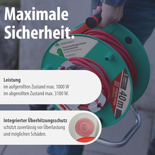 Brennenstuhl Garant G Bretec IP44 Gartenkabeltrommel (Kabeltrommel für Rasenmäher mit 38+2m Kabel in rot, Spezialkunststoff, kurzfristiger Einsatz im Außenbereich, Made in Germany)