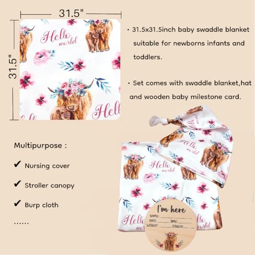 Image of Ylsteed Baby Highland Cow Swaddle Blanket and Headband Set, Newborn Receiving Blanket Swaddle Wrap for Girls and Boys, Swaddling Blankets Neutral for Newborn 32 * 32 in (Highland Cow Pink)