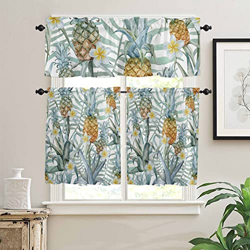 Valance Curtains - Tropical Fresh Pineapple Window Treatment Tiers Rod Pocket, Flower Leaf Window Valances Kitchen Living Room Curtain Sets 3 Panels (54In X 24In), Tier Curtains #TOP1