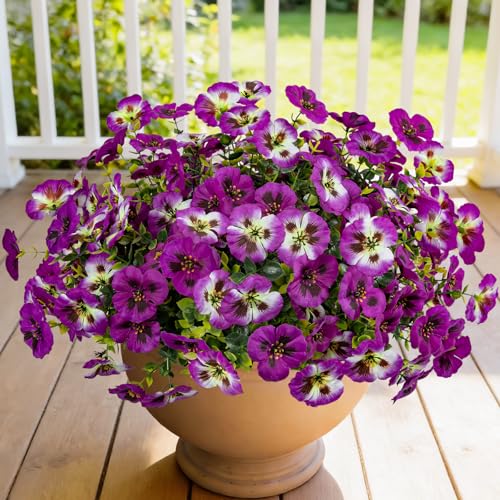 StyleNest 12 Piece Outdoor Artificial Flowers Fake Pansies -Two-Tone Faux Flowers per Stem, UV Resistant for Indoor Outdoor Porch Garden Planters Patio Window Box Home Decor(Light Purple Red Lotus)