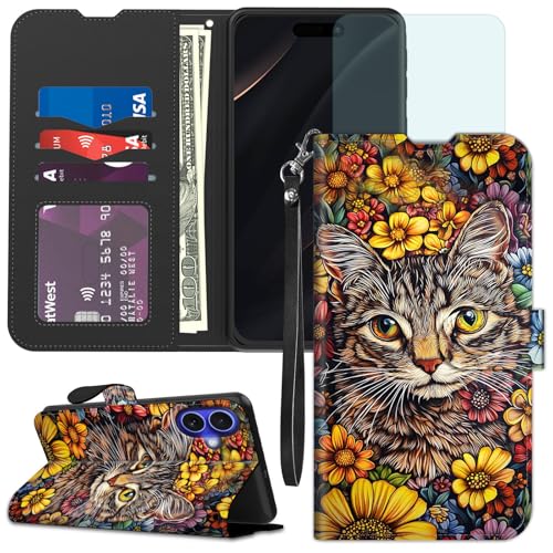 Qindaiwen for iPhone 16 Plus Wallet case with RFID Blocking Credit Card Holder Kickstand, Folio Flip PU Leather Shockproof Protective Cover for iPhone 16 Plus 6.7", Cat Flowers