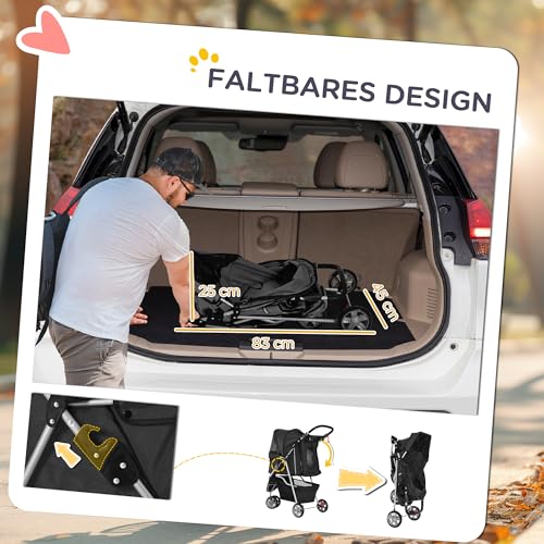 PawHut Hundewagen Hundebuggy klappbar für Hunde & Katzen bis 10 kg Katzenbuggy mit Kissen Netzfenstern Getränkehalter Aufbewahrungstasche Katzenwagen Buggy Schwarz