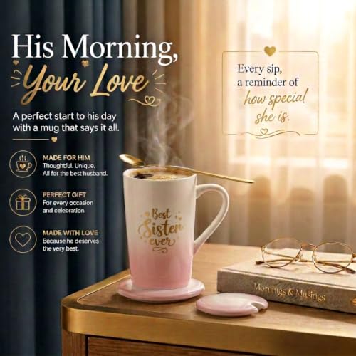 Image of ZAICUS Best Sister Ever Coffee Mug with Lid & Spoon, Rakhi Gift for Sister | Suitable for Hot & Cold Beverages | Ceramic Mug | Elegant White & Pink Gradient Finish