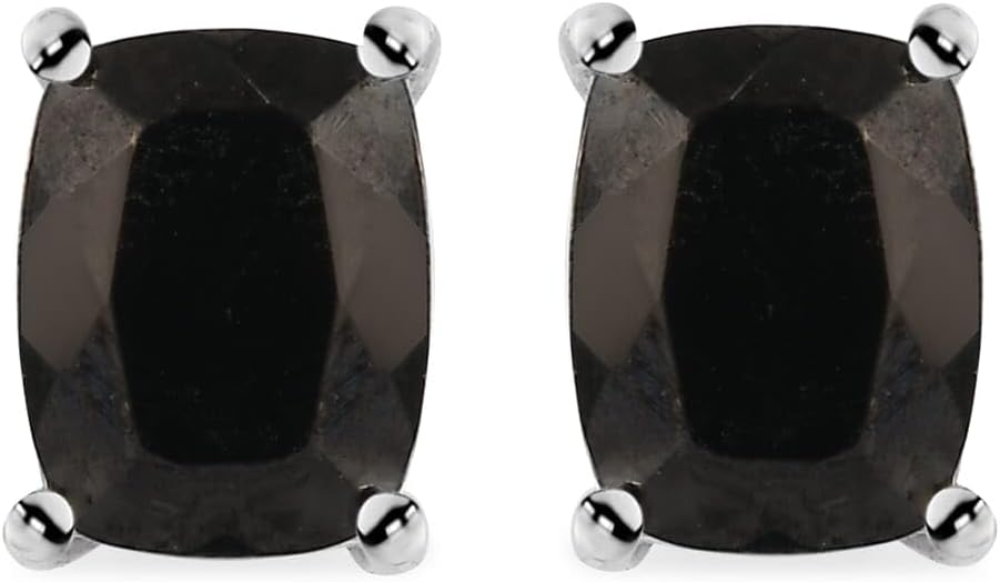 Stud Solitaire Earrings Platinum Plated 925 Sterling Silver Black Karelian Shungite Unique Birthday Christmas Gifts for Women Ct 2.1
