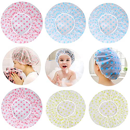 CIGPSIM Dot Plastic Shower Caps,Waterproof Bath Caps,6 Pcs Waterproof EVA Plastic Shower Cap, Elastic Reusable Bathing Hair Cap, Suitable For Women's Spa, Hair Salon, Family Hotel Travel