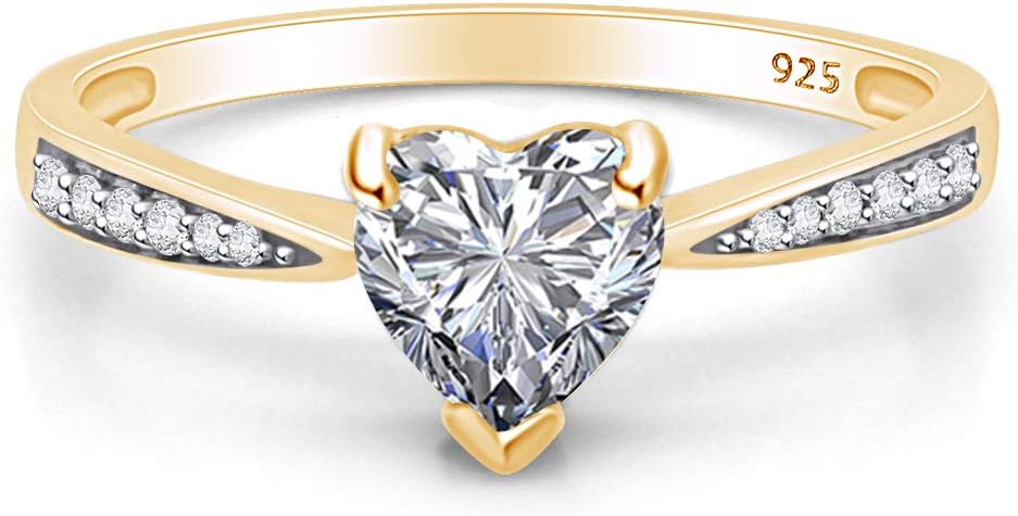 Solitaire Heart Promise Ring for Women Center 7MM Simulated Birthstone with White CZ, Stackable Gemstone Ring in 14K Gold Plated 925 Sterling Silver, Jewelry Gift for Her