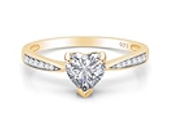 Solitaire Heart Promise Ring for Women Center 7MM Simulated Birthstone with White CZ, Stackable Gemstone Ring in 14K Gold Plated 925 Sterling Silver, Jewelry Gift for Her